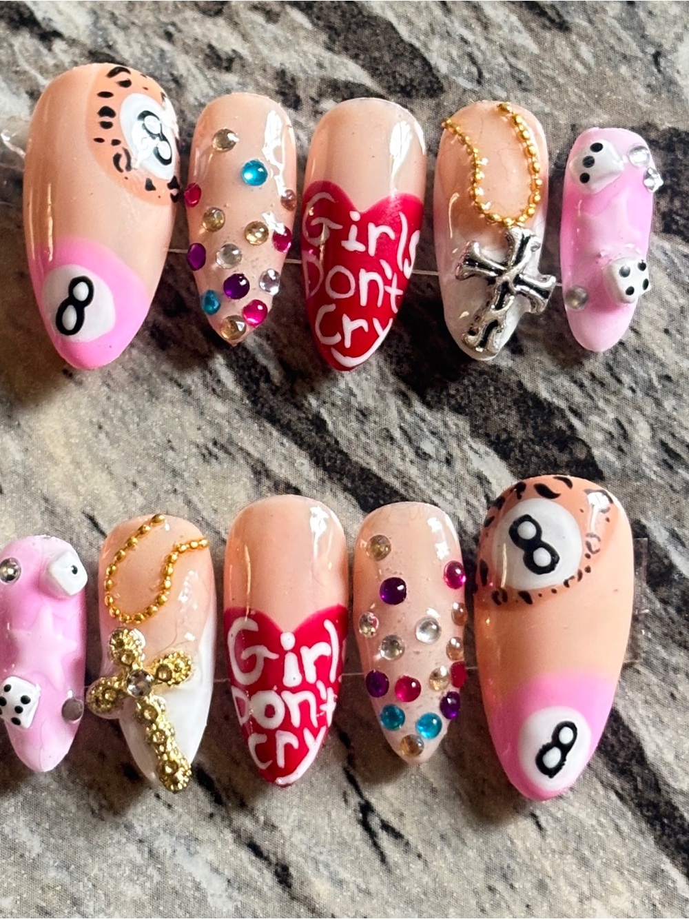 Pink 'Girls Don't Cry' Rhinestone Press-On Nail Set
